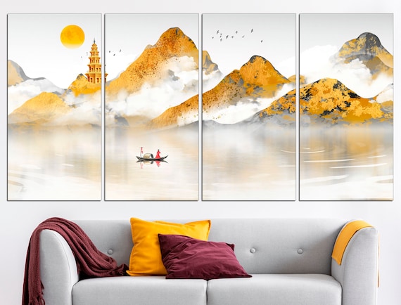 Asian wall art Chinese canvas art Vintage wall decor Chinese canvas Mountain wall art Chinese landscape
