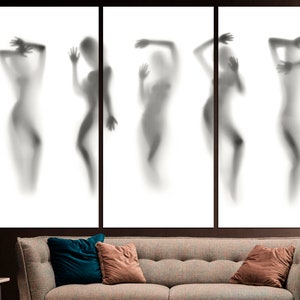 May include: A triptych of three black and white silhouette images of people standing in front of a white background.