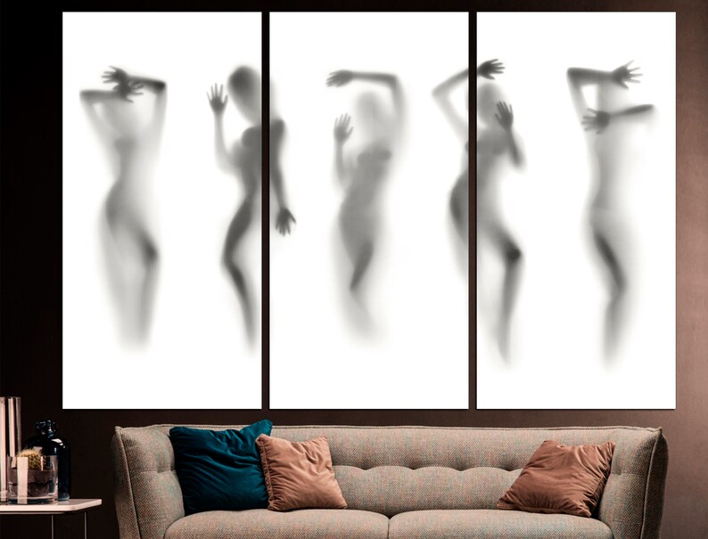 May include: A triptych of three black and white silhouette images of people standing in front of a white background.