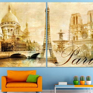 May include: A vintage-style collage of iconic Parisian landmarks, including the Eiffel Tower, Sacr&eacute;-C&oelig;ur Basilica, and Notre Dame Cathedral. The image has a faded, sepia tone and the word "Paris" is written in a stylized script.