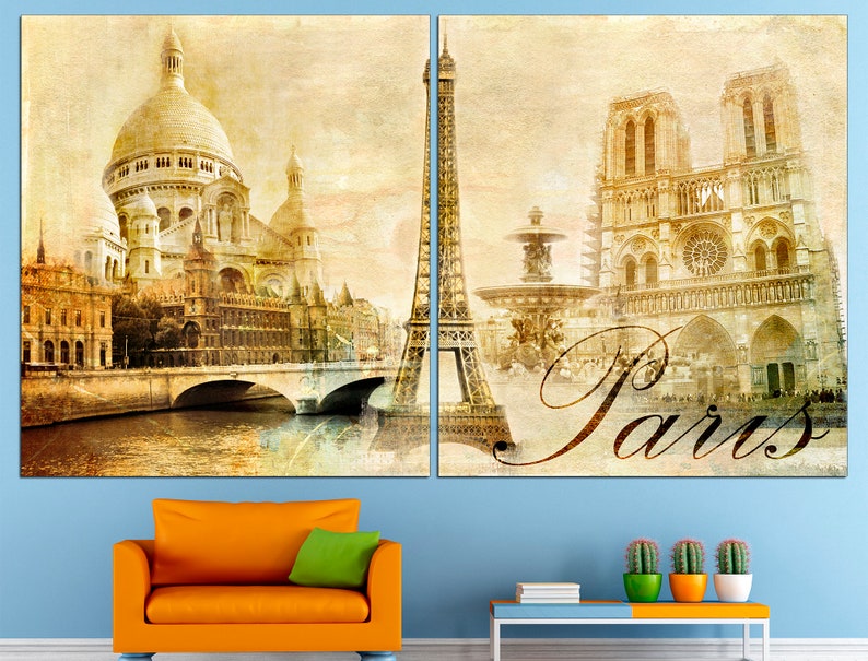 May include: A vintage-style collage of iconic Parisian landmarks, including the Eiffel Tower, Sacr&eacute;-C&oelig;ur Basilica, and Notre Dame Cathedral. The image has a faded, sepia tone and the word "Paris" is written in a stylized script.