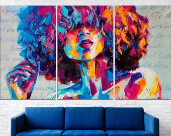 May include: Abstract painting of a woman with colorful, vibrant strokes of paint. The woman's face is partially obscured by her hair, which is a mix of blue, pink, and orange. The background is a light blue with handwritten text.