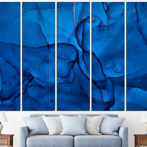 Gold Blue Abstract Canvas Wall Art Print Extra Large Marble Etsy