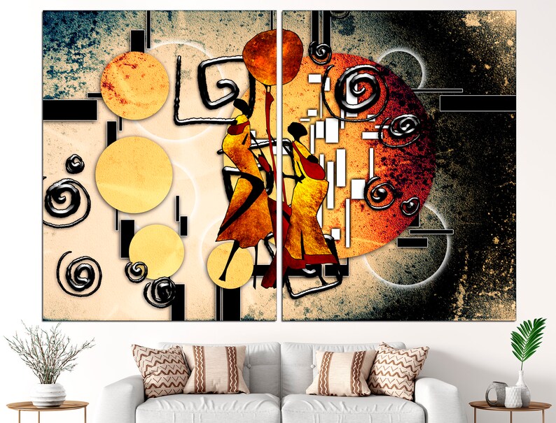 May include: Abstract art print featuring two stylised figures dancing against a background of swirling shapes and circles in shades of orange, yellow, and black.