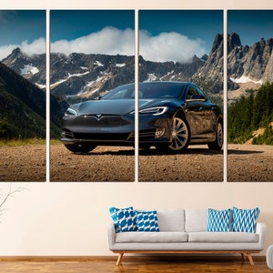 Tesla Car Canvas Print, Mountain Landscape Wall Art