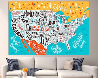 United States Print United States Map America Map USA Canvas Travel Map