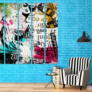 May include: A multi-panel canvas print with a collage of colorful text and images. The text includes words like "fashion", "style", "happy", and "love". The image features a woman with sunglasses and a black and white outfit.