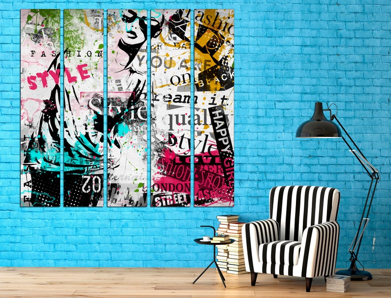 May include: A multi-panel canvas print with a collage of colorful text and images. The text includes words like "fashion", "style", "happy", and "love". The image features a woman with sunglasses and a black and white outfit.