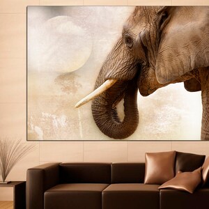 May include: A close-up of an elephant's head and trunk, with a soft, faded background. The elephant's skin is textured and wrinkled, and its tusk is long and curved. The image is in warm tones, with a soft, dreamy feel.