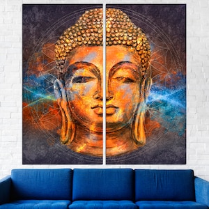 May include: A two-panel wall art piece featuring a serene Buddha head. The artwork uses a palette of orange, gold, blue, and gray, with a textured, painted effect. The Buddha's face is centered, with closed eyes and a peaceful expression.