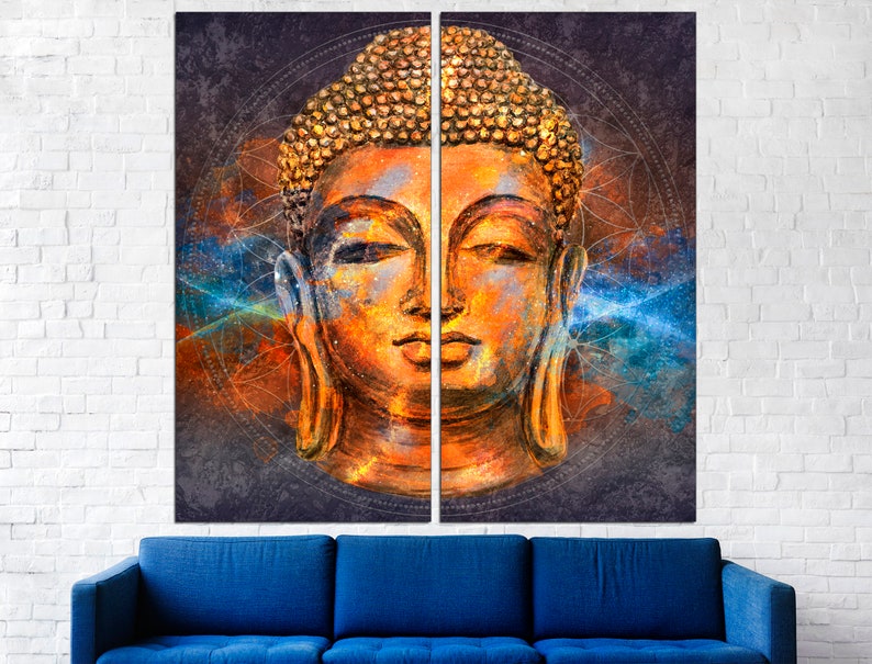 May include: A two-panel wall art piece featuring a serene Buddha head. The artwork uses a palette of orange, gold, blue, and gray, with a textured, painted effect. The Buddha's face is centered, with closed eyes and a peaceful expression.