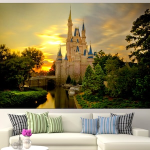May include: A fairytale castle with tall towers and spires, surrounded by lush green trees and a reflecting pond. The castle is illuminated by a warm golden sunset.