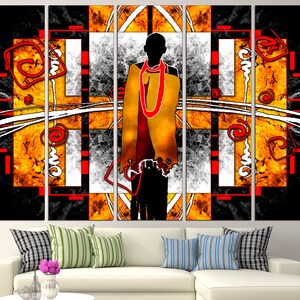 May include: Abstract art canvas print featuring a silhouetted figure with a yellow and red garment. The artwork has a geometric design with black, white, and orange elements. The canvas is displayed above a white sofa with decorative pillows.