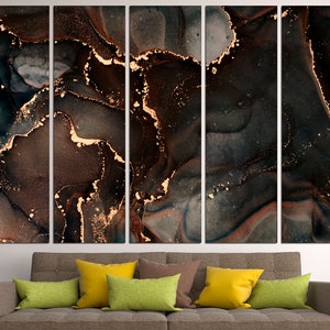 May include: Abstract art print with a multi-panel design. The print features a dark brown and black background with gold accents. The abstract design resembles swirling marble.