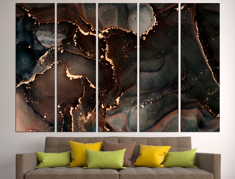 May include: Abstract art print with a multi-panel design. The print features a dark brown and black background with gold accents. The abstract design resembles swirling marble.