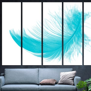 May include: A turquoise feather on a white background, split into four panels for a multi-panel wall art piece.
