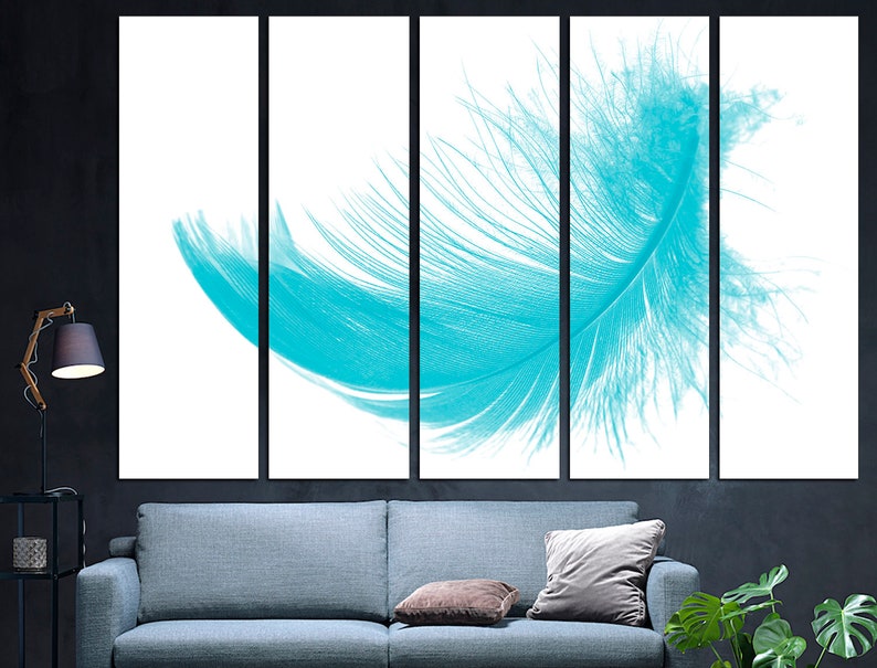 May include: A turquoise feather on a white background, split into four panels for a multi-panel wall art piece.