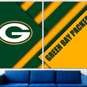 May include: Green Bay Packers themed wall art with a green background, yellow and green stripes, and the words "Green Bay Packers" in green letters. The left side of the art features a green circle with a white "G" inside.