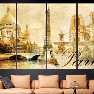 May include: A vintage-style multi-panel canvas print featuring iconic landmarks of Paris, including the Eiffel Tower, the Sacr&eacute;-C&oelig;ur Basilica, and Notre Dame Cathedral. The image has a warm, sepia tone and the word "Paris" is written in a stylized font.