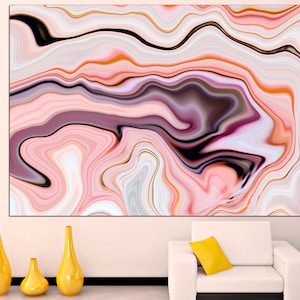 May include: Abstract art print featuring a swirling pattern of pink, white, orange, and black. The print has a modern and contemporary style.