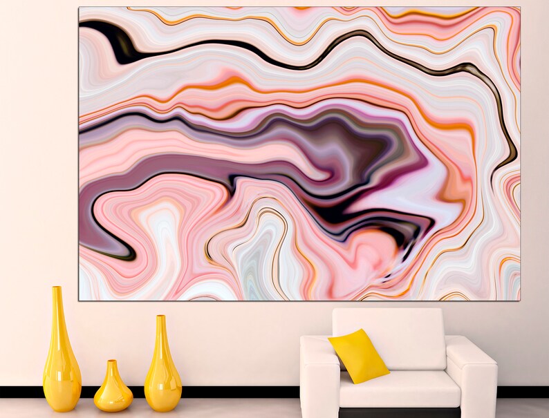 May include: Abstract art print featuring a swirling pattern of pink, white, orange, and black. The print has a modern and contemporary style.
