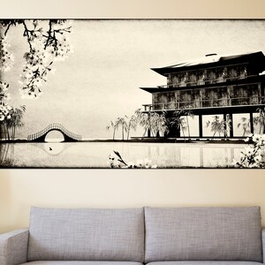 May include: A black and white illustration of a traditional Japanese house with a bridge and cherry blossoms. The house is on stilts over a body of water. The image has a vintage, faded look.
