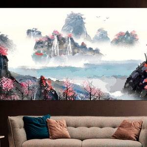 May include: A watercolor painting depicting a misty mountain landscape with waterfalls and pink blossoms. The painting features a light blue sky and a flowing river in the foreground.