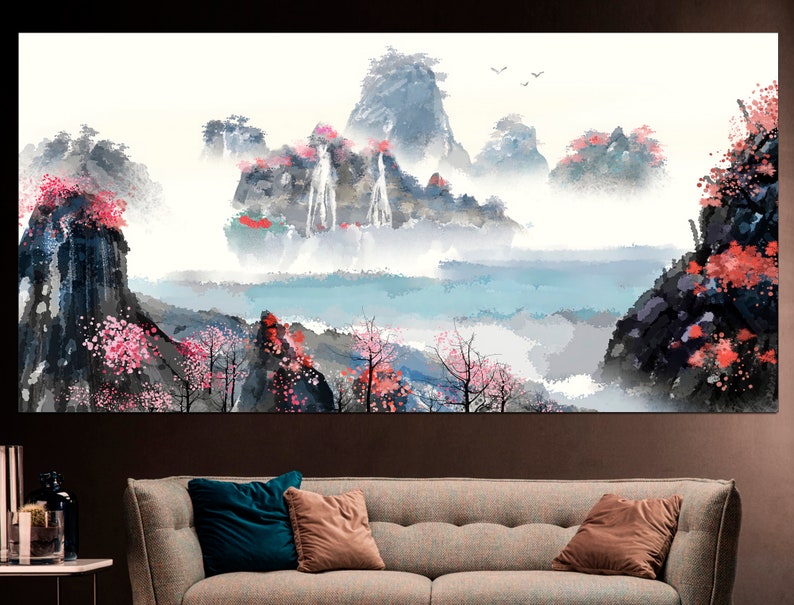May include: A watercolor painting depicting a misty mountain landscape with waterfalls and pink blossoms. The painting features a light blue sky and a flowing river in the foreground.