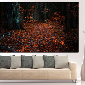 May include: A dark forest path lined with fallen orange leaves. The path leads into the distance, disappearing into the trees. The forest floor is covered in leaves, and the trees are tall and dark.