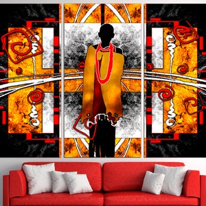 May include: Abstract art triptych featuring a silhouetted figure draped in yellow and red against a geometric background. The artwork incorporates black, white, and orange hues with red accents, creating a striking visual composition. The piece is displayed above a red sofa with white pillows.