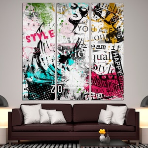 May include: A three-panel canvas print featuring a stylized illustration of a person with sunglasses and a colorful background. The background is a collage of text and graphic elements, including the words "Fashion", "Style", "Happy Girl", and "Love".