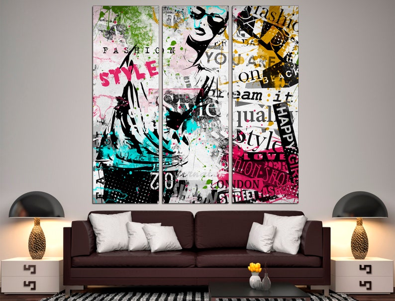 May include: A three-panel canvas print featuring a stylized illustration of a person with sunglasses and a colorful background. The background is a collage of text and graphic elements, including the words "Fashion", "Style", "Happy Girl", and "Love".