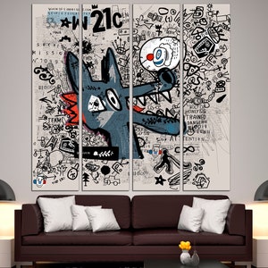 May include: A multi-panel canvas print featuring a cartoon wolf with a red nose and blue eyes. The wolf is surrounded by a variety of doodles and text, including the number "21c" and the word "attention".