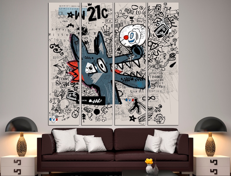 May include: A multi-panel canvas print featuring a cartoon wolf with a red nose and blue eyes. The wolf is surrounded by a variety of doodles and text, including the number "21c" and the word "attention".