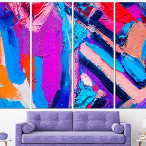 K&ouml;nnte beinhalten: Abstrakte Malerei mit kr&auml;ftigen Strichen in Blau, Rosa, Orange und Lila. Das Gem&auml;lde ist in vier Teile geteilt.