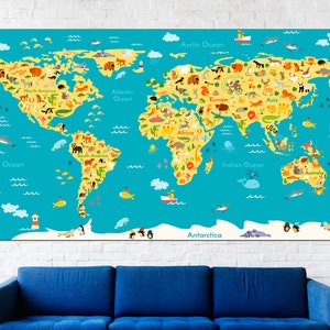 Kids World Map Animal World Map Kids Map Canvas Kids Map Art Kids Map Print World Map Wall Art