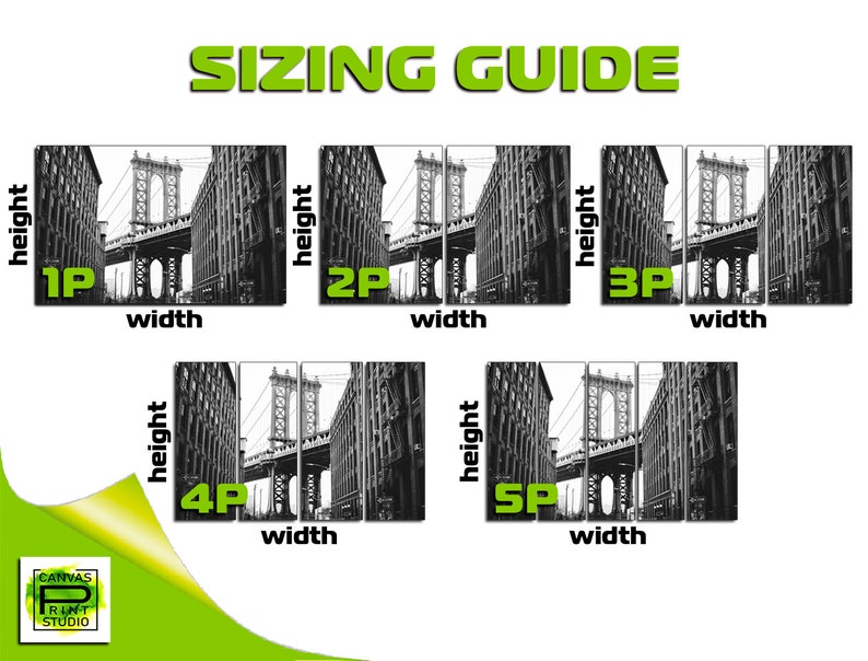 May include: Sizing guide for a black and white photo print of the Brooklyn Bridge. The guide shows different sizes for the print, ranging from 1 panel to 5 panels. The text "height" and "width" is shown next to each size.