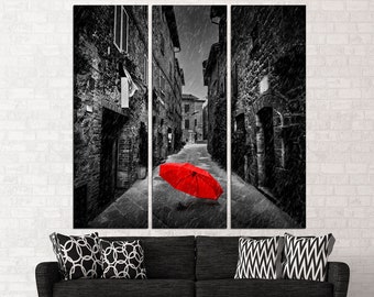 Red umbrella art Canvas wall art Umbrella wall art 3 piece wall art Umbrella wall decor Red and black art