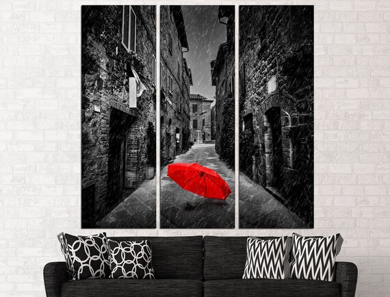 Red umbrella art Canvas wall art Umbrella wall art 3 piece wall art Umbrella wall decor Red and black art