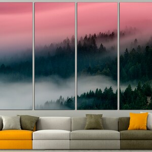 May include: A multi-panel canvas print featuring a misty forest scene with a pink sky in the background. The forest is layered with trees and fog, creating a sense of depth and mystery.