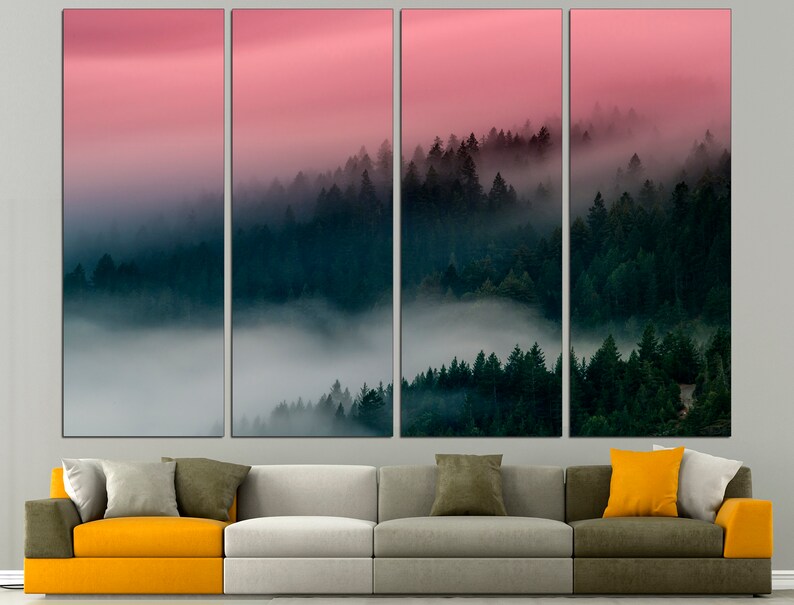 May include: A multi-panel canvas print featuring a misty forest scene with a pink sky in the background. The forest is layered with trees and fog, creating a sense of depth and mystery.