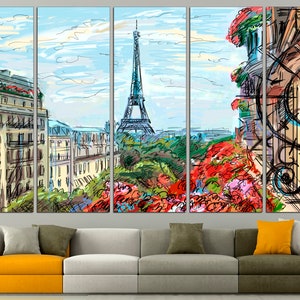 May include: A multi-panel canvas print depicting a colorful, hand-drawn illustration of the Eiffel Tower in Paris, France. The scene includes buildings, trees, and flowers. The artwork is framed and ready to hang.
