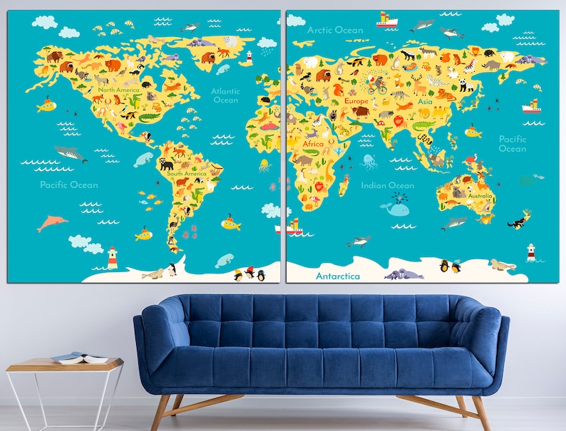 Kids World Map Animal World Map Kids Map Canvas Kids Map Art Etsy