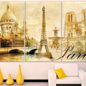 May include: A vintage-style triptych canvas print featuring iconic Parisian landmarks, including the Eiffel Tower, Sacr&eacute;-C&oelig;ur Basilica, and Notre Dame Cathedral. The print has a faded, textured background and the word "Paris" in a stylized font.