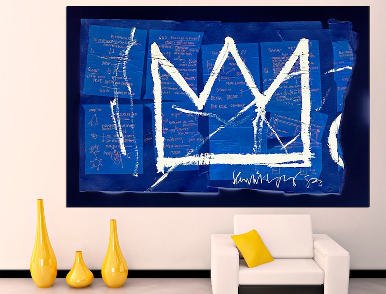 May include: A white crown painted on a blue background with white and pink handwritten notes. The crown is outlined in white and has a jagged edge. The background is a dark blue with a white border. The artist's signature is visible in the bottom right corner.