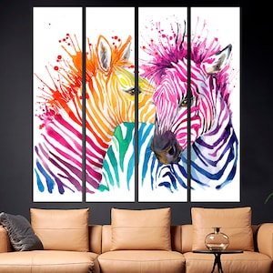 May include: A colorful abstract painting of three zebras with pink, blue, green, and yellow stripes. The zebras are painted in a watercolor style with splashes of color.