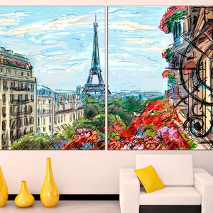 May include: A split canvas print featuring a colorful, hand-drawn illustration of the Eiffel Tower in Paris, France. The left side shows a view of the city with buildings and trees, while the right side shows a close-up of a balcony with red flowers.