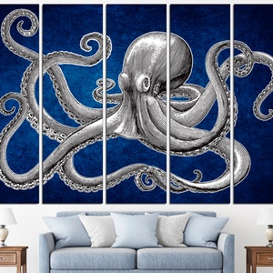 May include: A black and white illustration of an octopus with eight tentacles on a blue background.