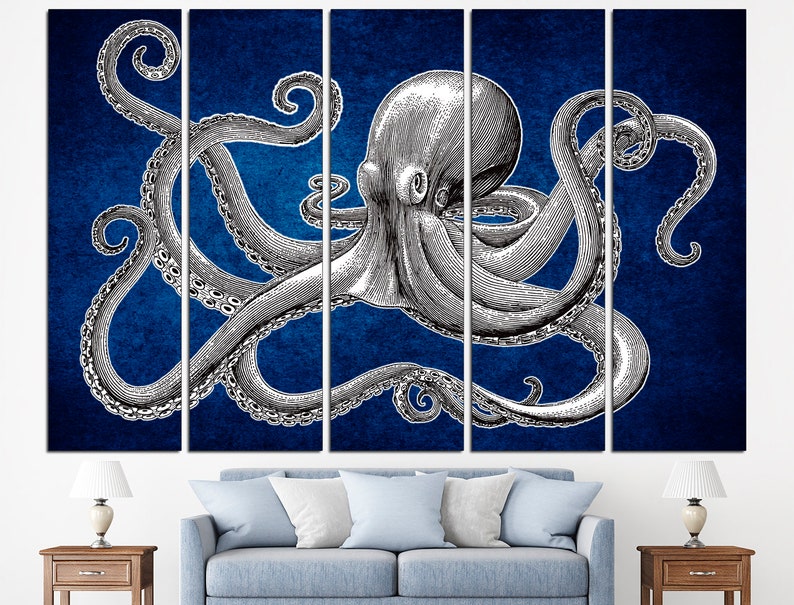May include: A black and white illustration of an octopus with eight tentacles on a blue background.
