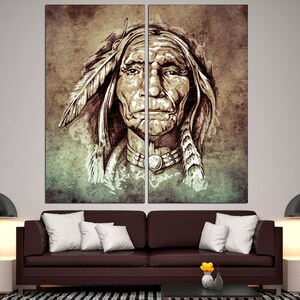 May include: Two-panel canvas art print featuring a sepia-toned sketch of a Native American man. The artwork showcases detailed facial features, a feathered headdress, and a necklace. The background has a textured, aged appearance, adding to the vintage aesthetic.